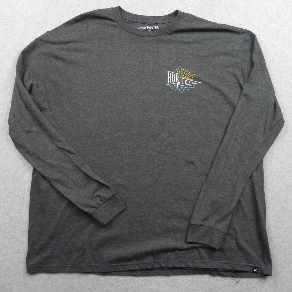 Hurley T-Shirt Mens 2XL XXL Crew Neck Graphic Tee Gray Long Sleeve